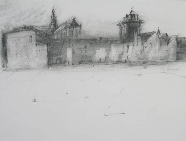 Jaap Ploos van Amstel, houtskool tekening, Bavo in Haarlem, Appelaar terrein.